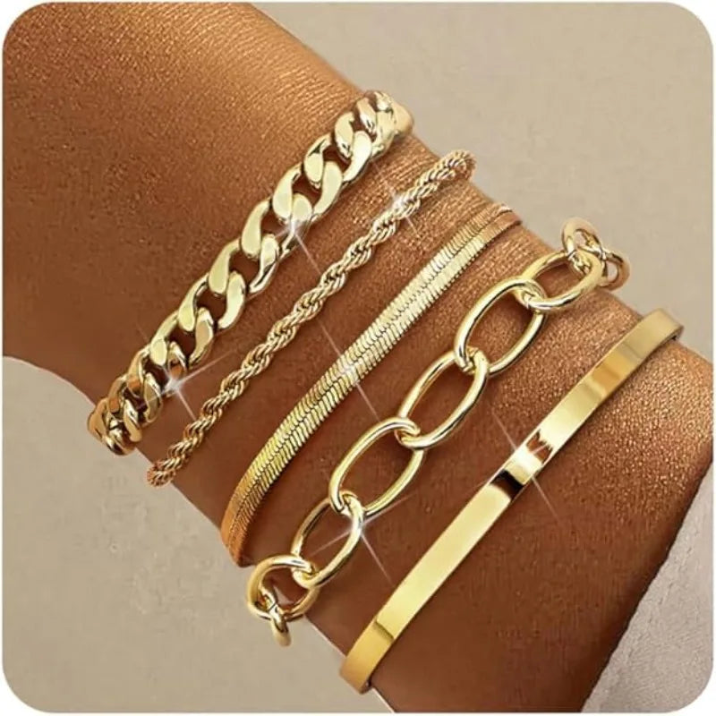 14K Gold plated Bracelets for Women Stack Layered Chunky Chain Bracelets Waterproof Link Cuff Bracelet Mothers' Day Jewelry Gift