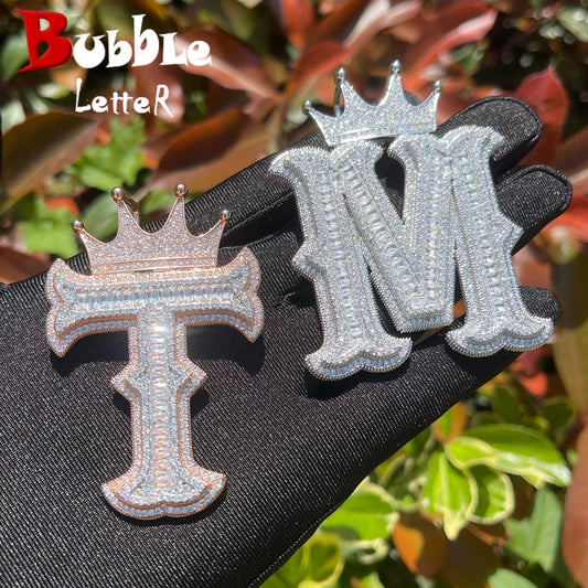 Bubble Letter Iced Out Necklace for Men Initial Charms Pendant Crown Bail Cubic Zirconia Hip Hop Jewelry