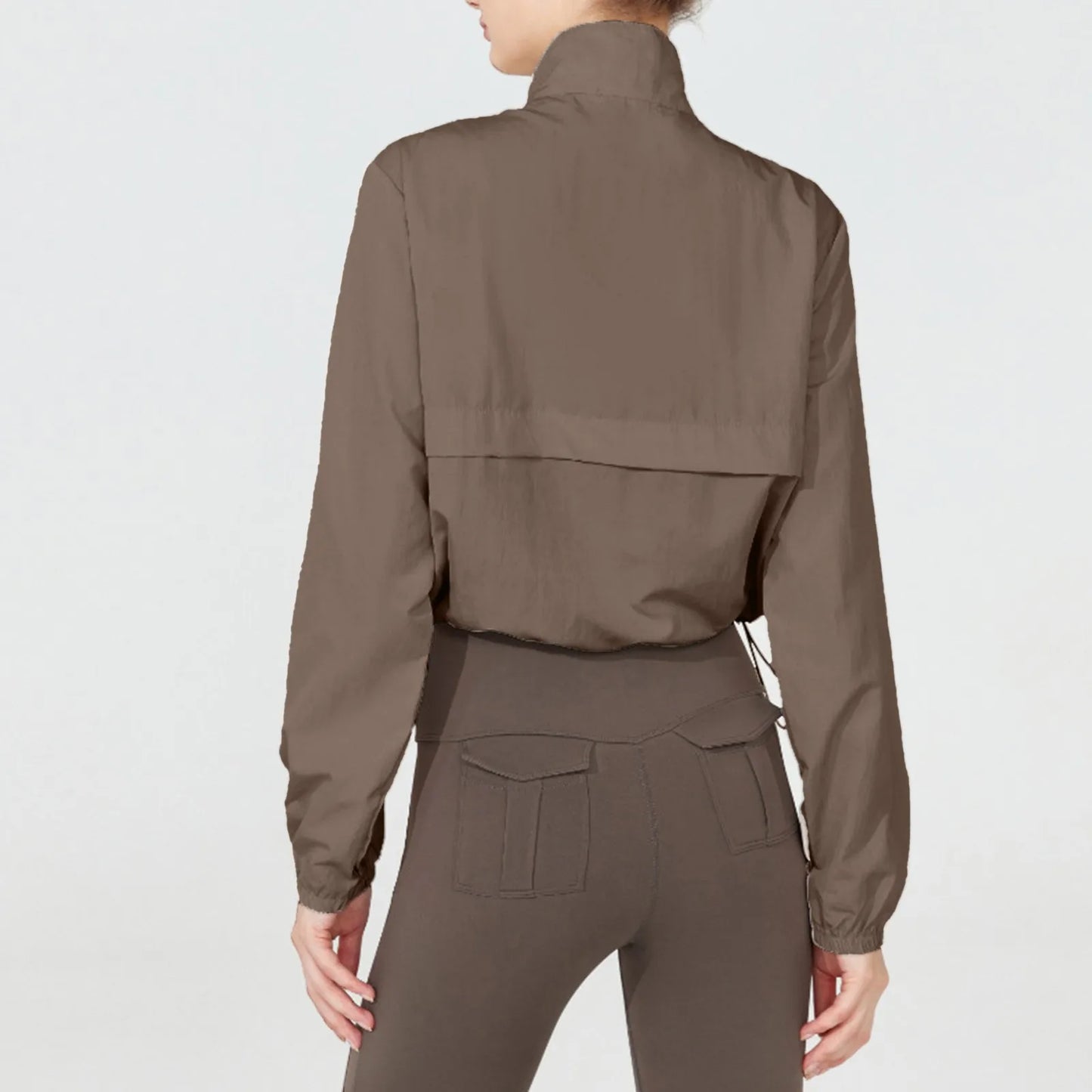 Women Autumn Windproof Waterproof Jacket Uv Resistant Fitness Running Sporty Jacket Stand Up Collar Drawstring Quick Drying Tops