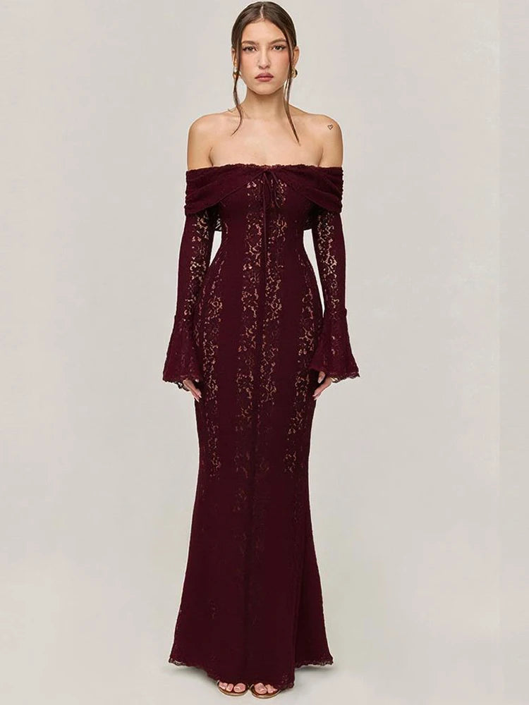 Suninheart White Maxi Wedding Guest Dress Women 2025 Elegant Off The Shoulder evening party dresses red lace flare sleeve dress