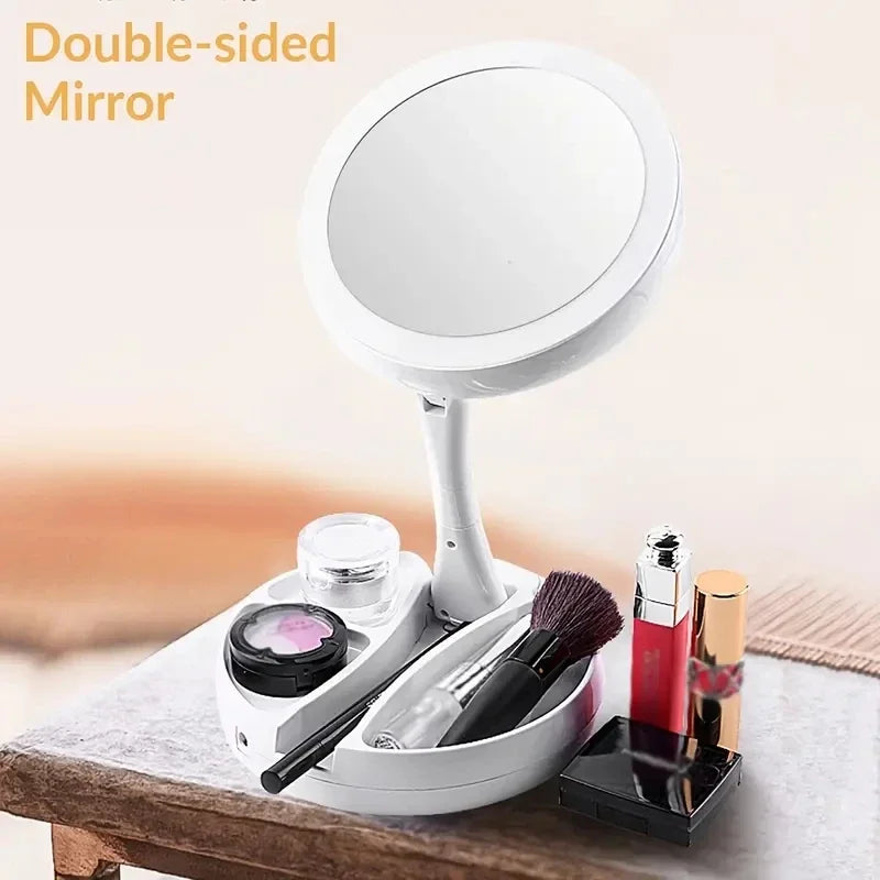 Double-Sided Travel LED Makeup Mirror with 10X Magnification Folding Portable Cosmetic Mirror with Lights Dual Powered Supply