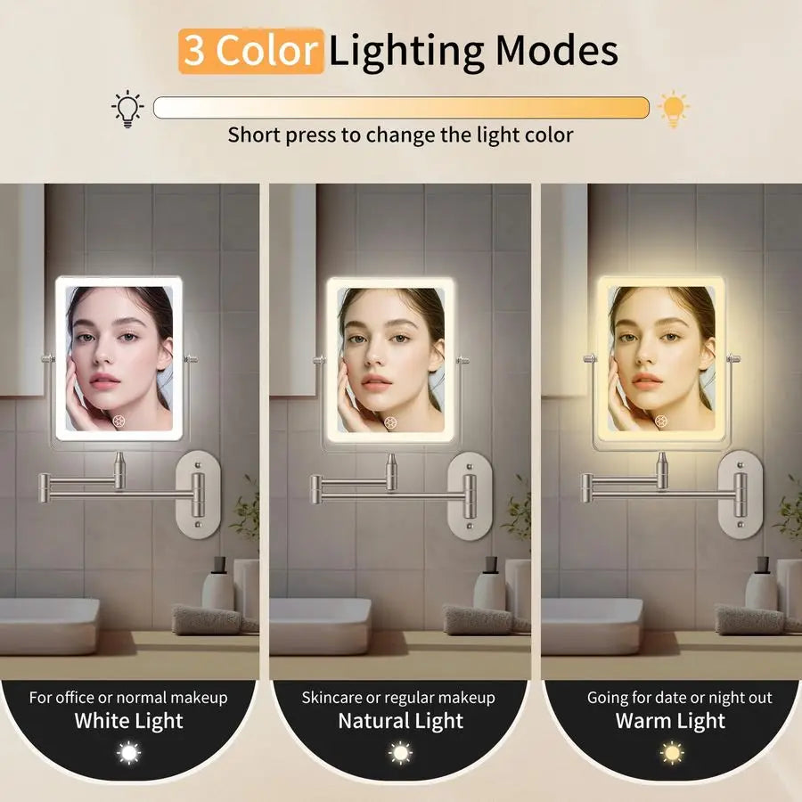 Mounted Makeup Mirror with Lights, 5000mAh Rechargeable Double Sided 1X 20X Magnifying Mirror with 3 Color Light, Touch Dimmable