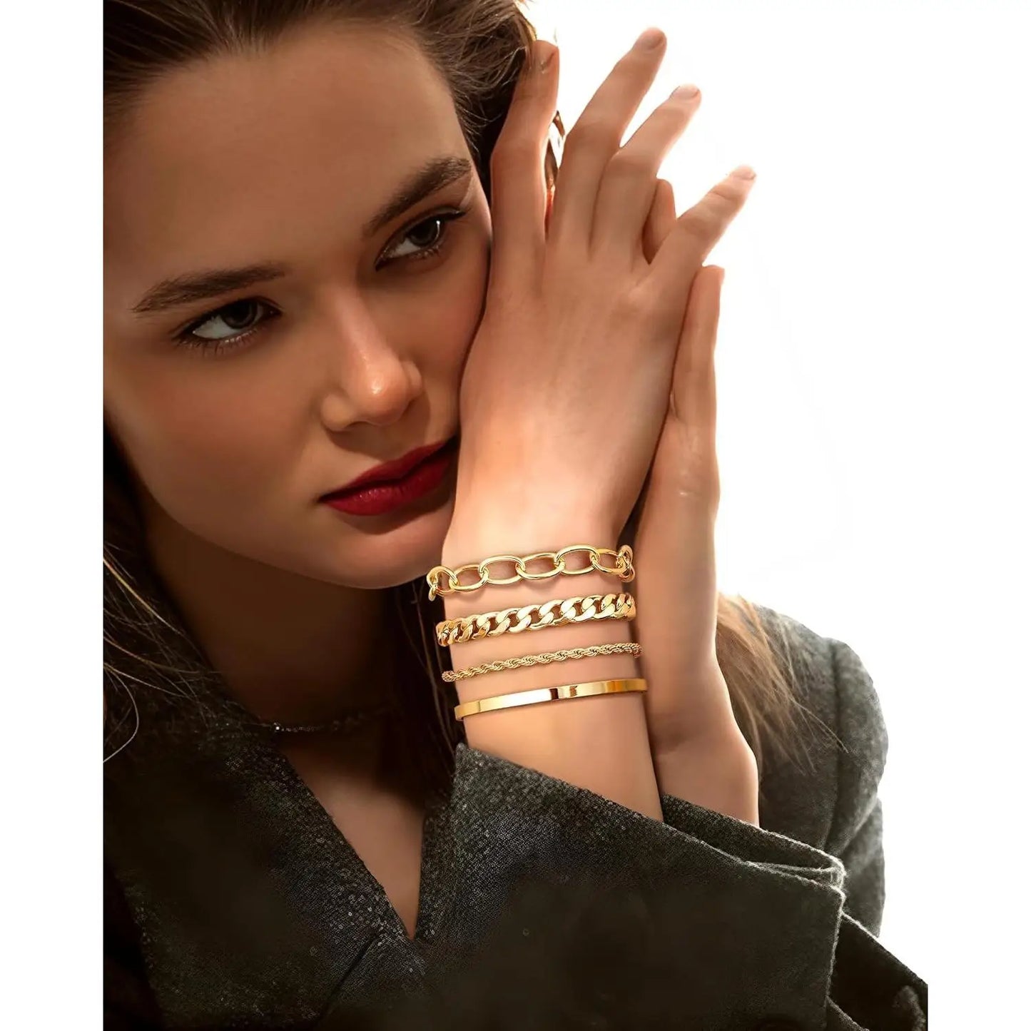14K Gold plated Bracelets for Women Stack Layered Chunky Chain Bracelets Waterproof Link Cuff Bracelet Mothers' Day Jewelry Gift