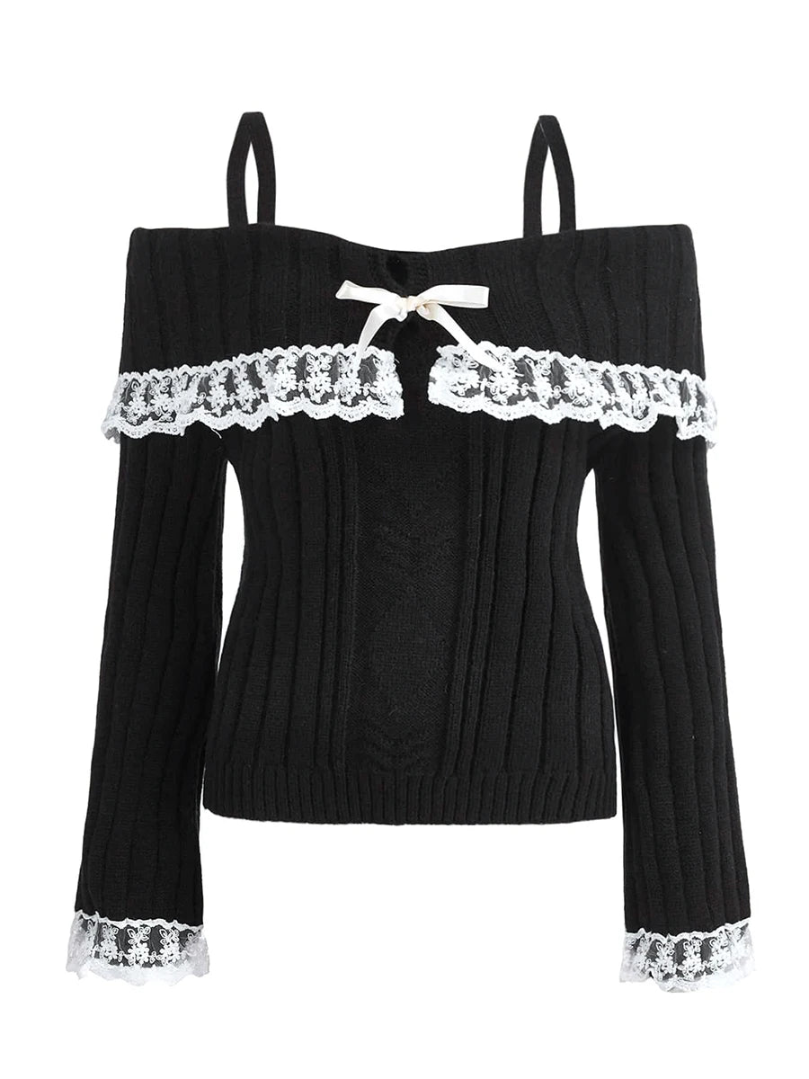 Women's Cold Shoulder Sweaters Long Sleeve Lace Trim Knit Pullovers Bow Front Jumpers Tops Fall Winter Y2K Clothes
