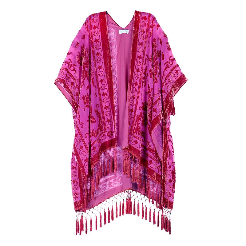 WeHello Women's Burnout Velvet Kimono Long Cardigan Cover Up with Tassel Burgundy Casual Cardigan Shawl Oversize Top