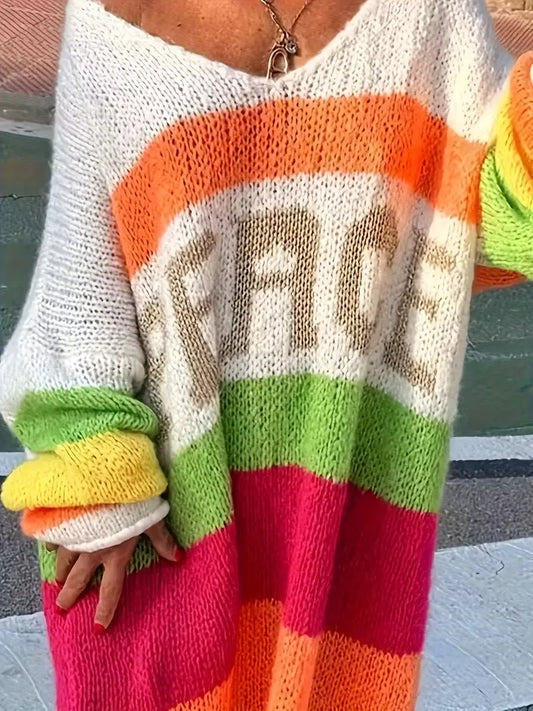 Women's Rainbow Striped V-Neck Sweater with Peace Letter Design - 3/4 Sleeve Loose Fit Casual Pullover for Autumn Winter