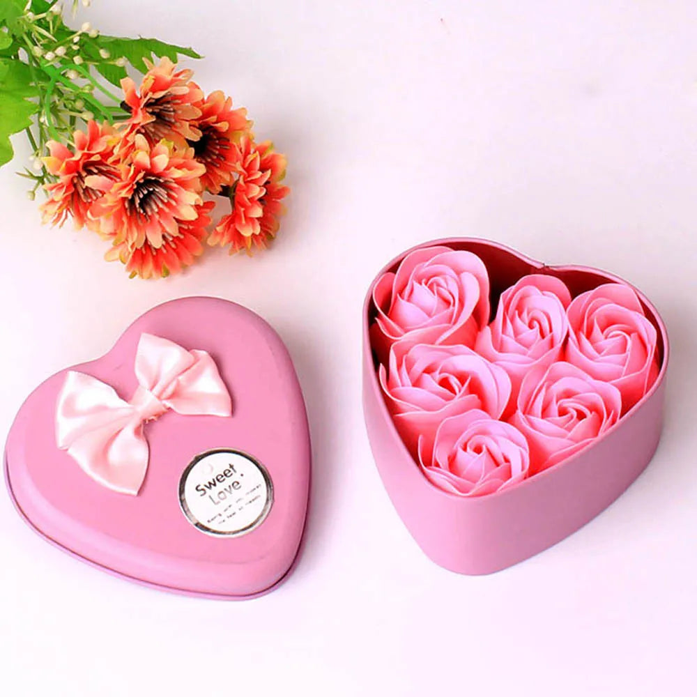6/24pcs Soap Flower Heart Shaped Tin Box Bath Body Petal Rose Flower Soap New Year Valentine's Day Wedding Decoration Gift Best