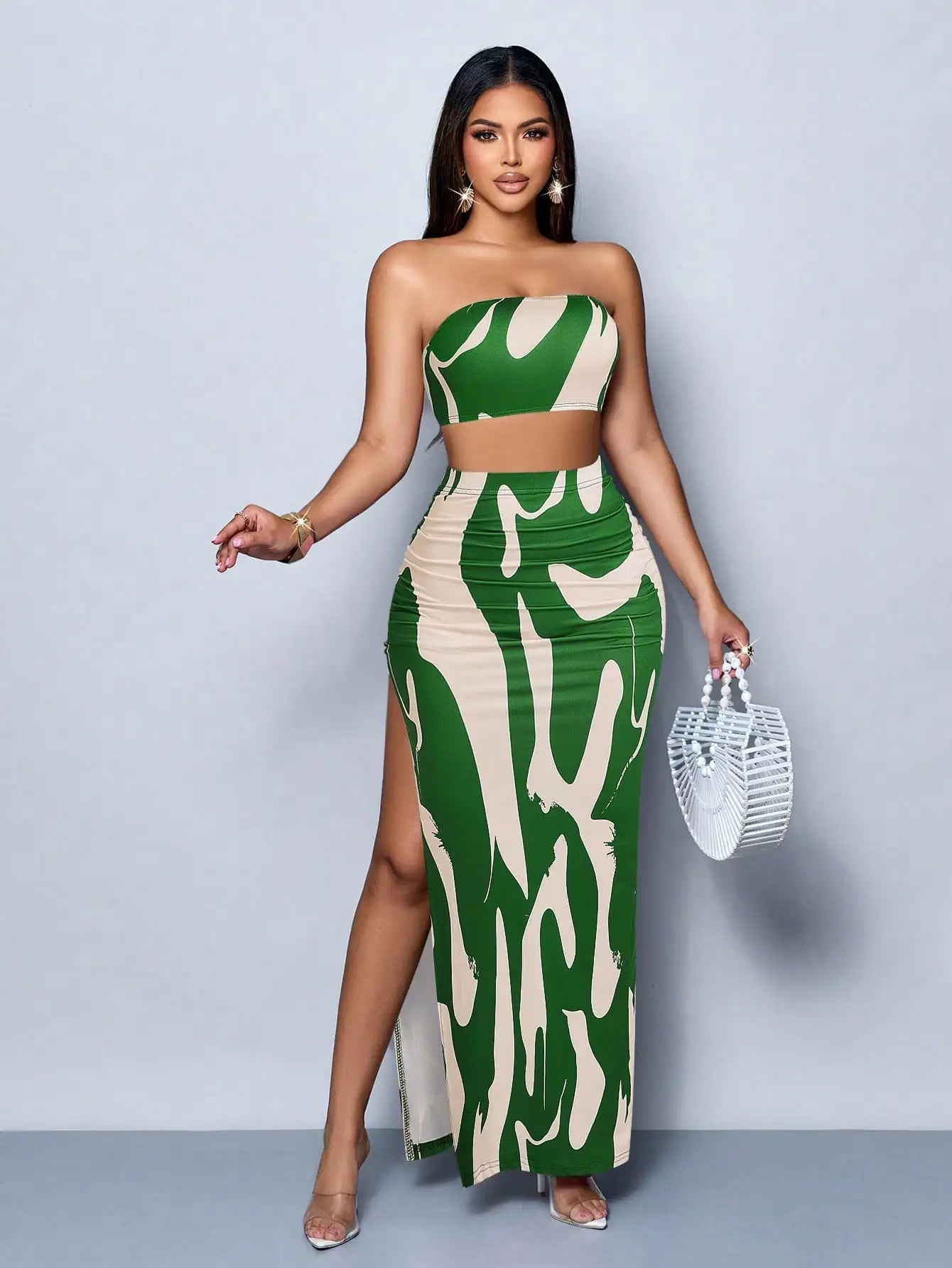 Abstract Print Strapless Two-Piece Set: Crop Top With High Slit Maxi Skirt