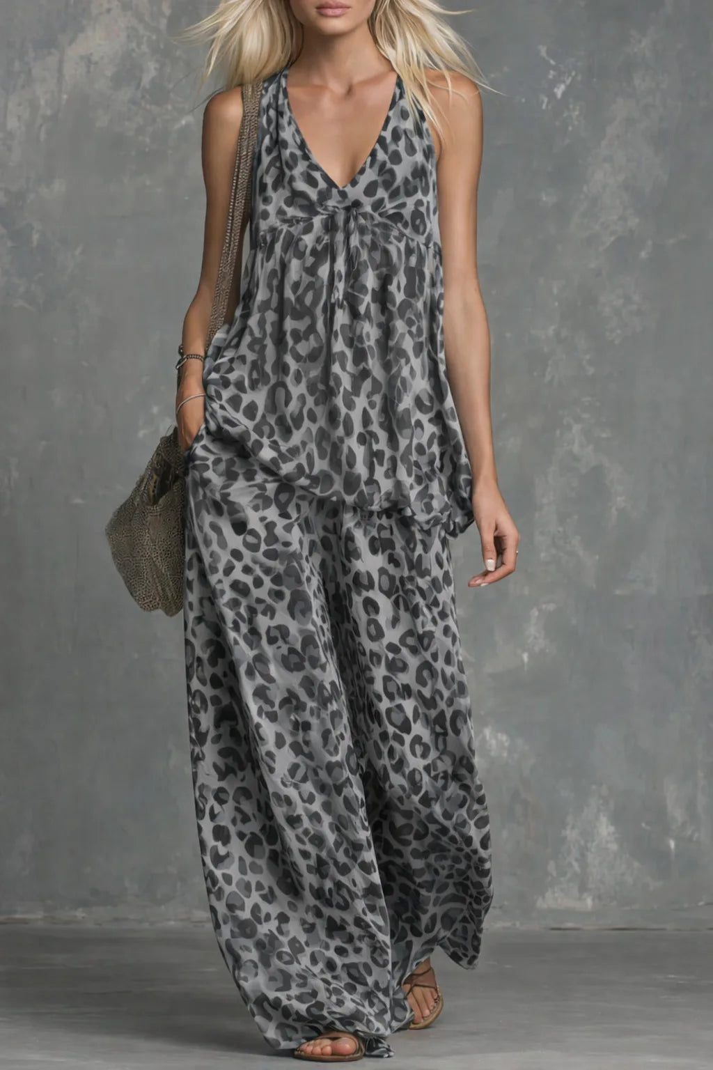 Fashion Two-piece Set - Loose Leopard Print Sleeveless Top Chiffon Long Pants For Women Summer Casual Woman 2 Piece Set Outfit
