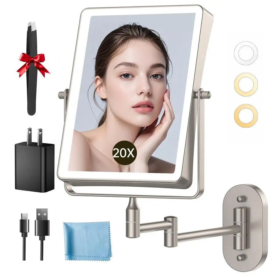 Mounted Makeup Mirror with Lights, 5000mAh Rechargeable Double Sided 1X 20X Magnifying Mirror with 3 Color Light, Touch Dimmable