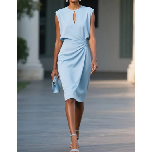 2025 Women's Retro Fashion Cross Knotted O Neck Hollow Dresses New Summer Slimming Form-fitting Elegant Office Dress Female