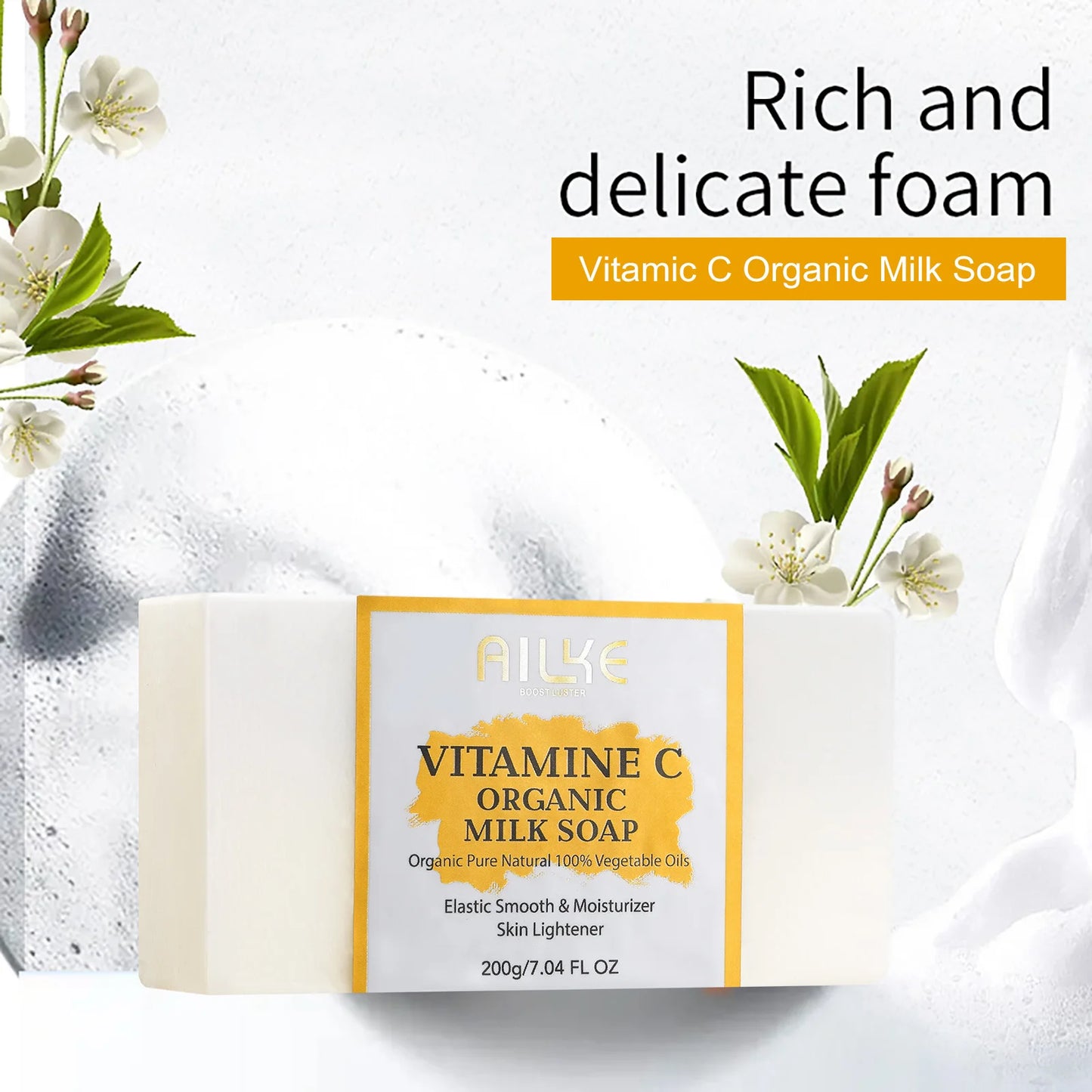 AILKE Vitamin C Organic Milk Soap Bar, Whitening, Reduce Wrinkles, Anti-Aging, Smooth & Soften Skin, for Face, Body, 200g/7 oz