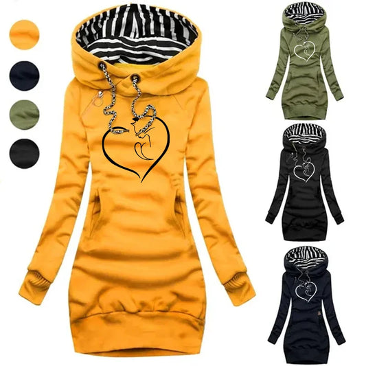 New Women's Hooded Long Sleeved Dresses Cat Print Hoodie Casual Skirt Hooded Pullover Pocket Sweater Dress