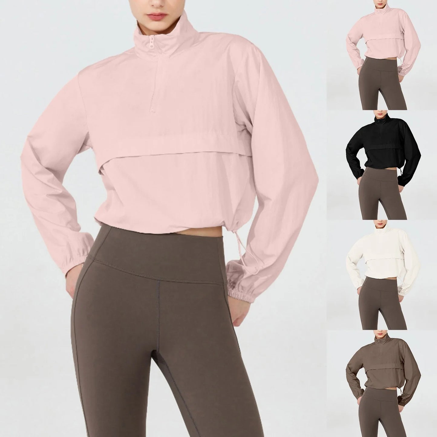 Women Autumn Windproof Waterproof Jacket Uv Resistant Fitness Running Sporty Jacket Stand Up Collar Drawstring Quick Drying Tops