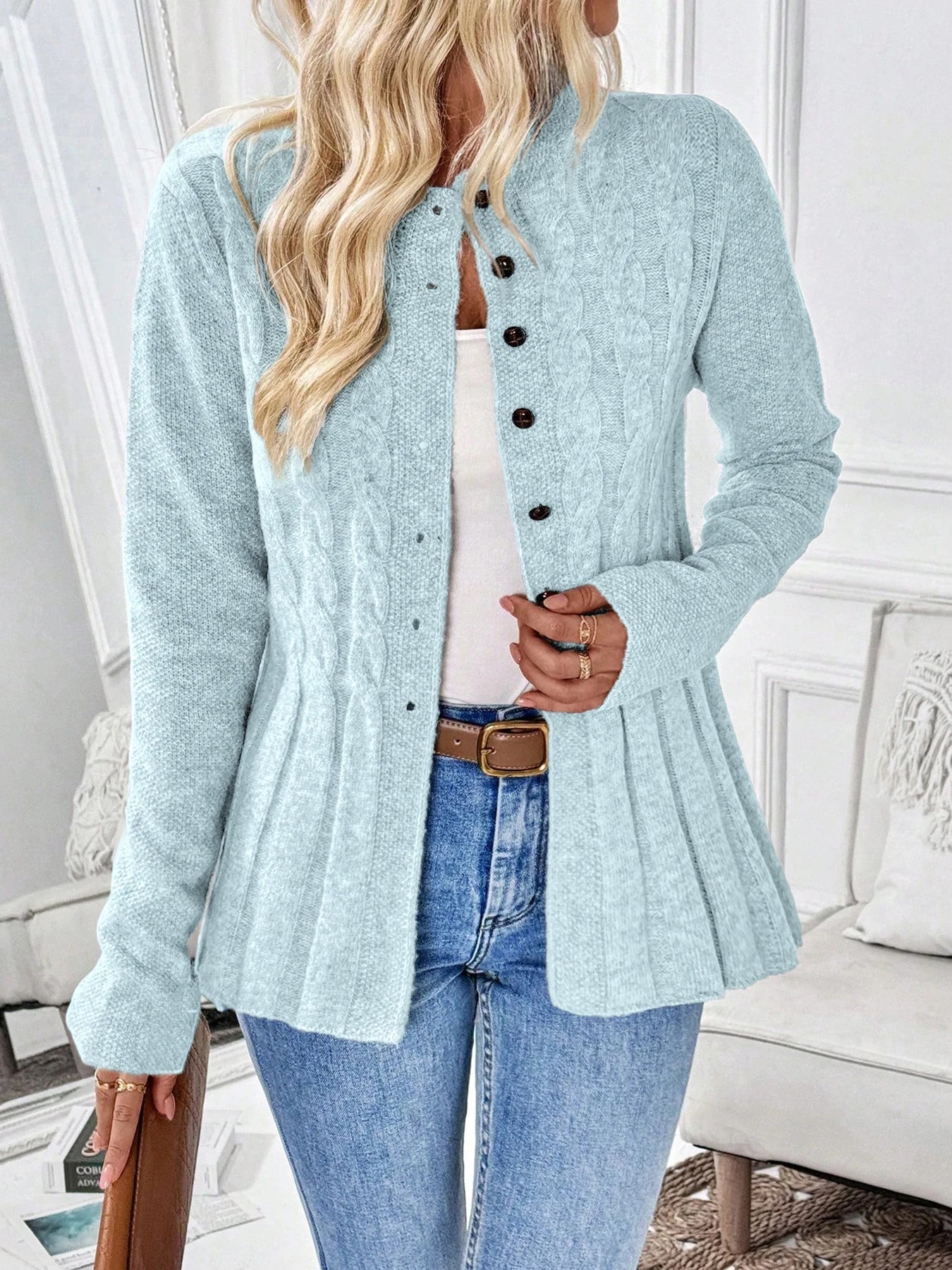 Women's simple solid color long sleeved cardigan knitted sweater for autumn and winter