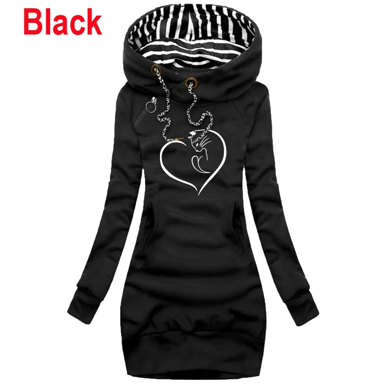 New Women's Hooded Long Sleeved Dresses Cat Print Hoodie Casual Skirt Hooded Pullover Pocket Sweater Dress