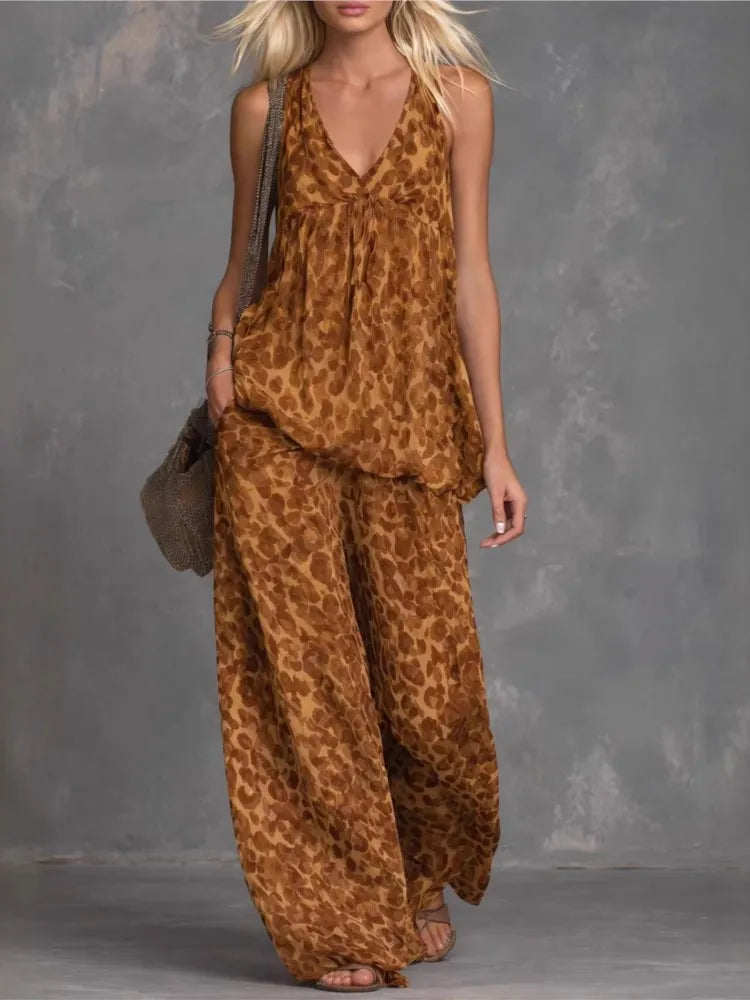 Fashion Two-piece Set - Loose Leopard Print Sleeveless Top Chiffon Long Pants For Women Summer Casual Woman 2 Piece Set Outfit