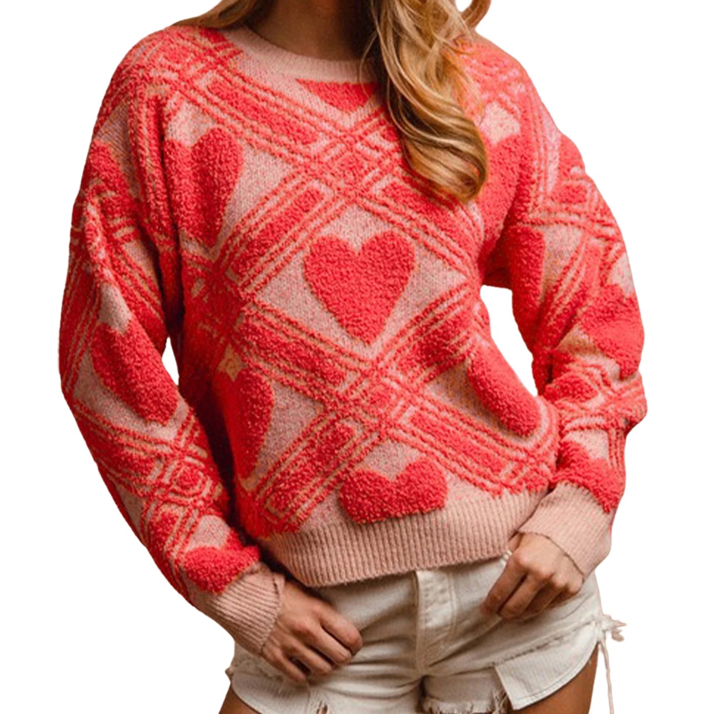 Women s Cozy Knit Heart Pattern Sweater with Long Sleeves and Crew Neckline for Casual Winter Style