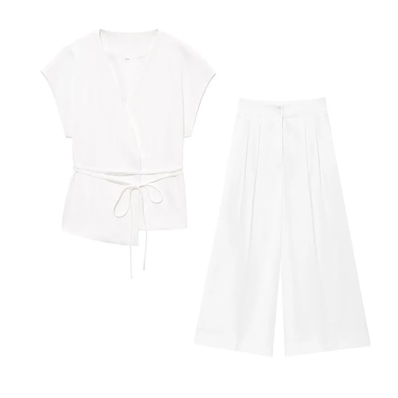 TFMLN Fashion Women's Trouser Suits Sleeveless V-Neck Top With Belt Straight Pants Sets 2025 Spring Summer Commuter 2 Piece Set