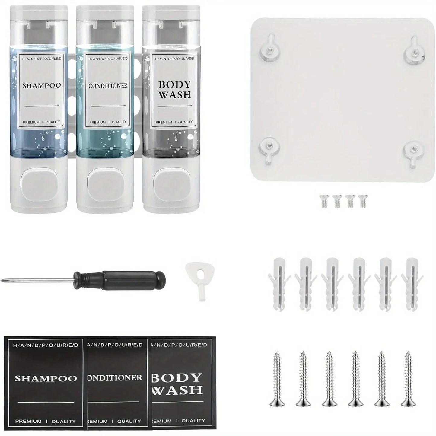 Wall-mounted Soap Dispenser, Shower Gel Dispenser, 3-in-1 Shampoo and Conditioner Dispenser, No Drilling Required, ABS Material,