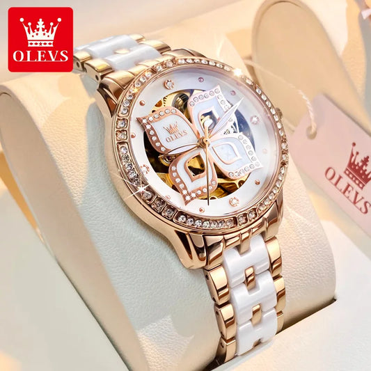 OLEVS 6612 Elegant Diamond Women Automatic Mechanical Watch Original Hollow out Waterproof Clock Luxury HD Women Gift Box Watch