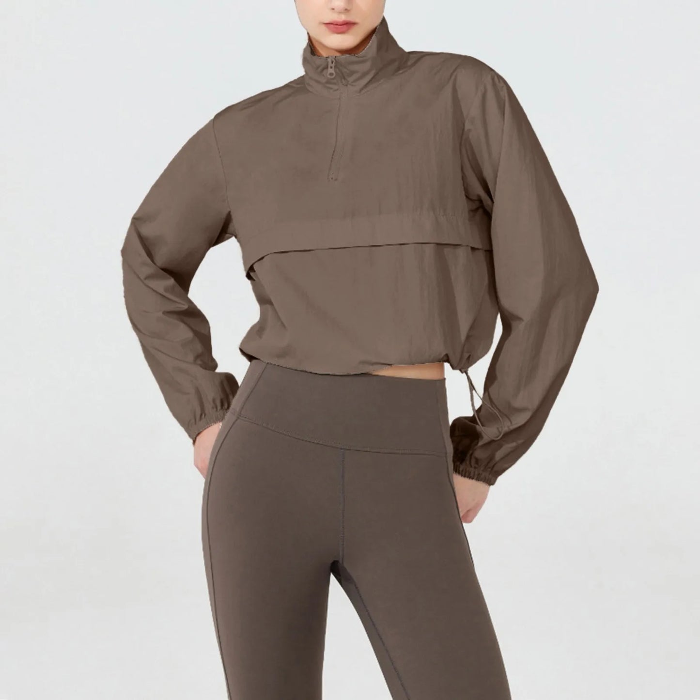 Women Autumn Windproof Waterproof Jacket Uv Resistant Fitness Running Sporty Jacket Stand Up Collar Drawstring Quick Drying Tops