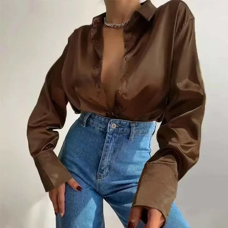 Autumn Elegant Solid Satin Shirt Office Lady Blouse Vintage Long Sleeve Shirt Loose Button Up Shirts Fashion Women Tops 18913