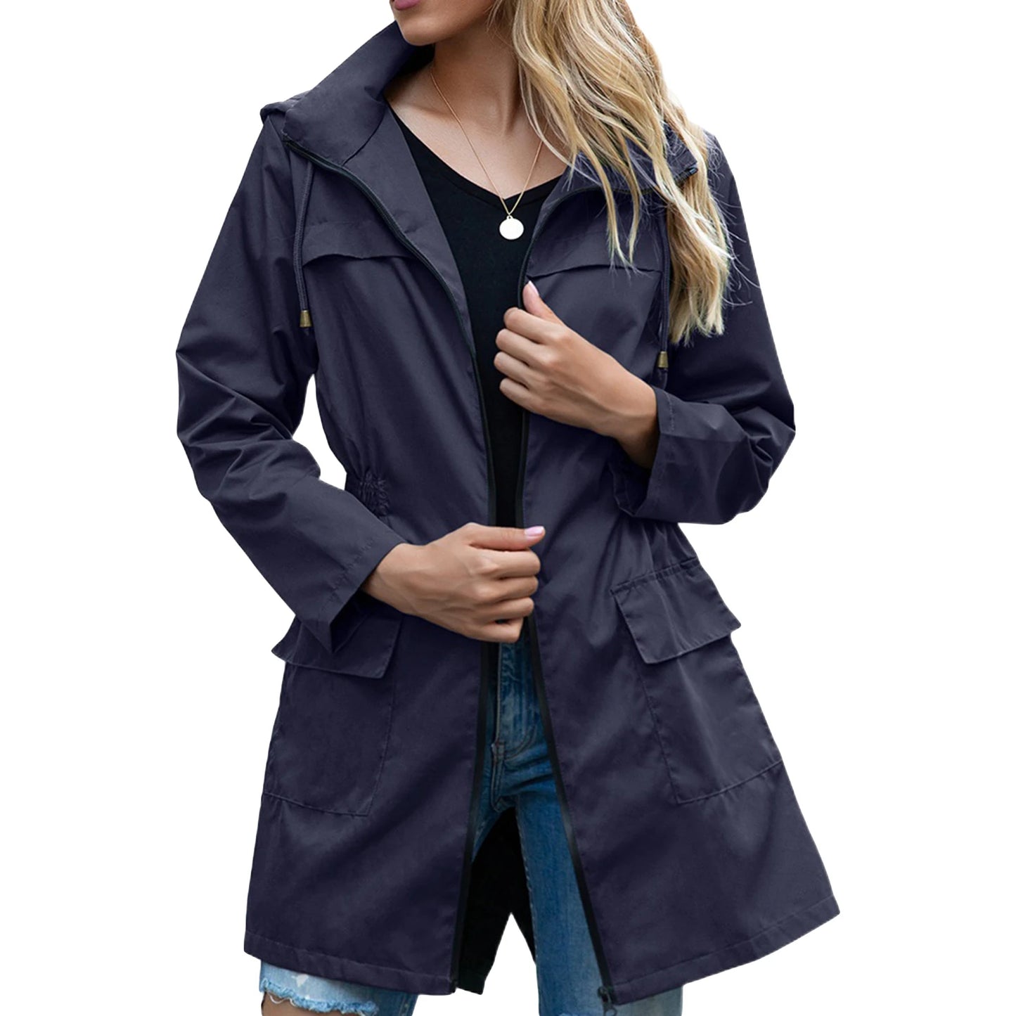 Women s Waterproof Hooded Lightweight Rain Jacket Outdoor Windproof Trench Coat Ladies Active Windbreaker with Pockets
