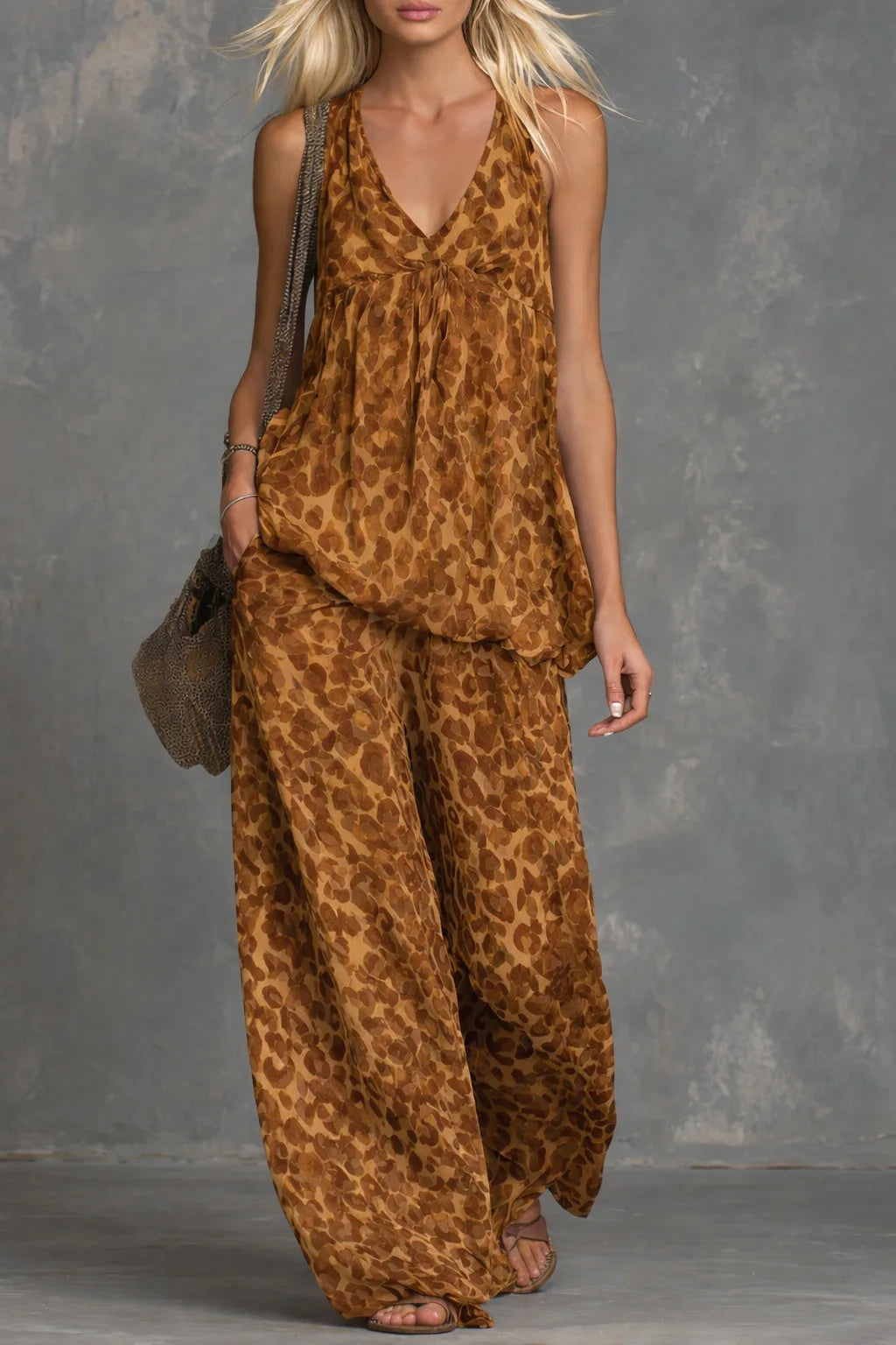 Fashion Two-piece Set - Loose Leopard Print Sleeveless Top Chiffon Long Pants For Women Summer Casual Woman 2 Piece Set Outfit