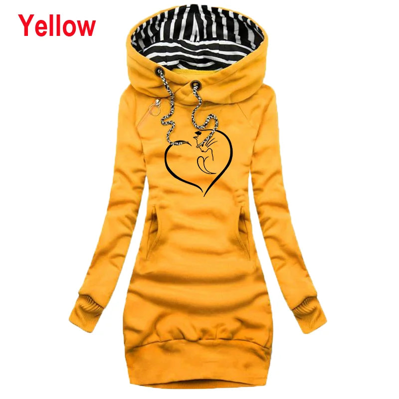 New Women's Hooded Long Sleeved Dresses Cat Print Hoodie Casual Skirt Hooded Pullover Pocket Sweater Dress