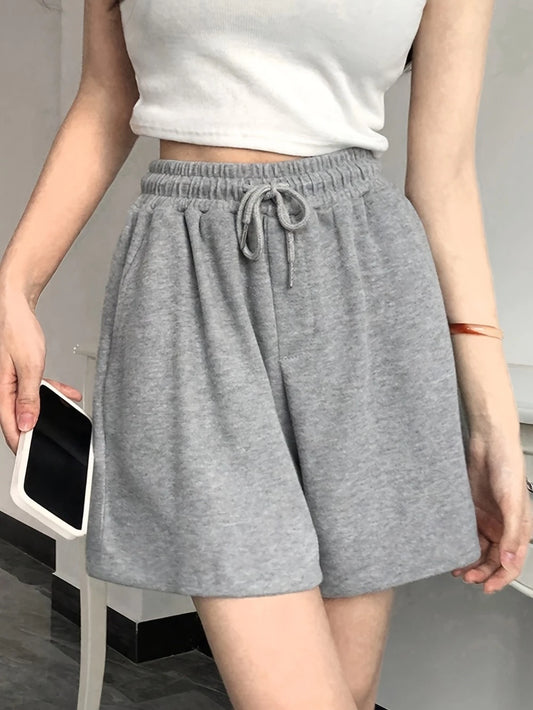 Women's High-Waisted Elastic Waistband Loose-Fit Wide-Leg Casual Shorts Solid Color Machine Washable Spring Summer