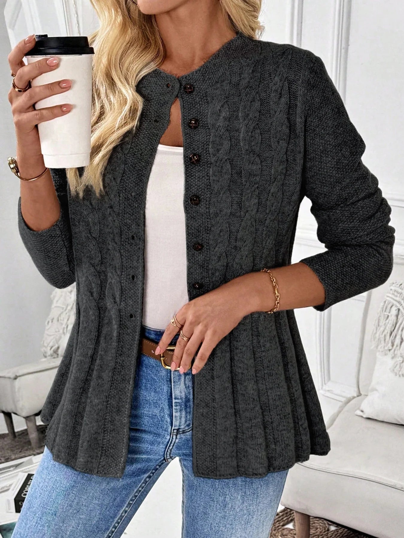 Women's simple solid color long sleeved cardigan knitted sweater for autumn and winter