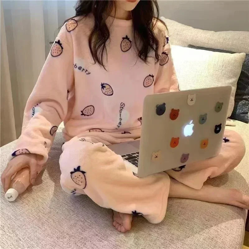Thickened Warm Pyjamas Set for Women‘s Coral Velvet Sleepwear Student Long Sleeve Blue Striped Nightwear Homewear Cartoon Cute