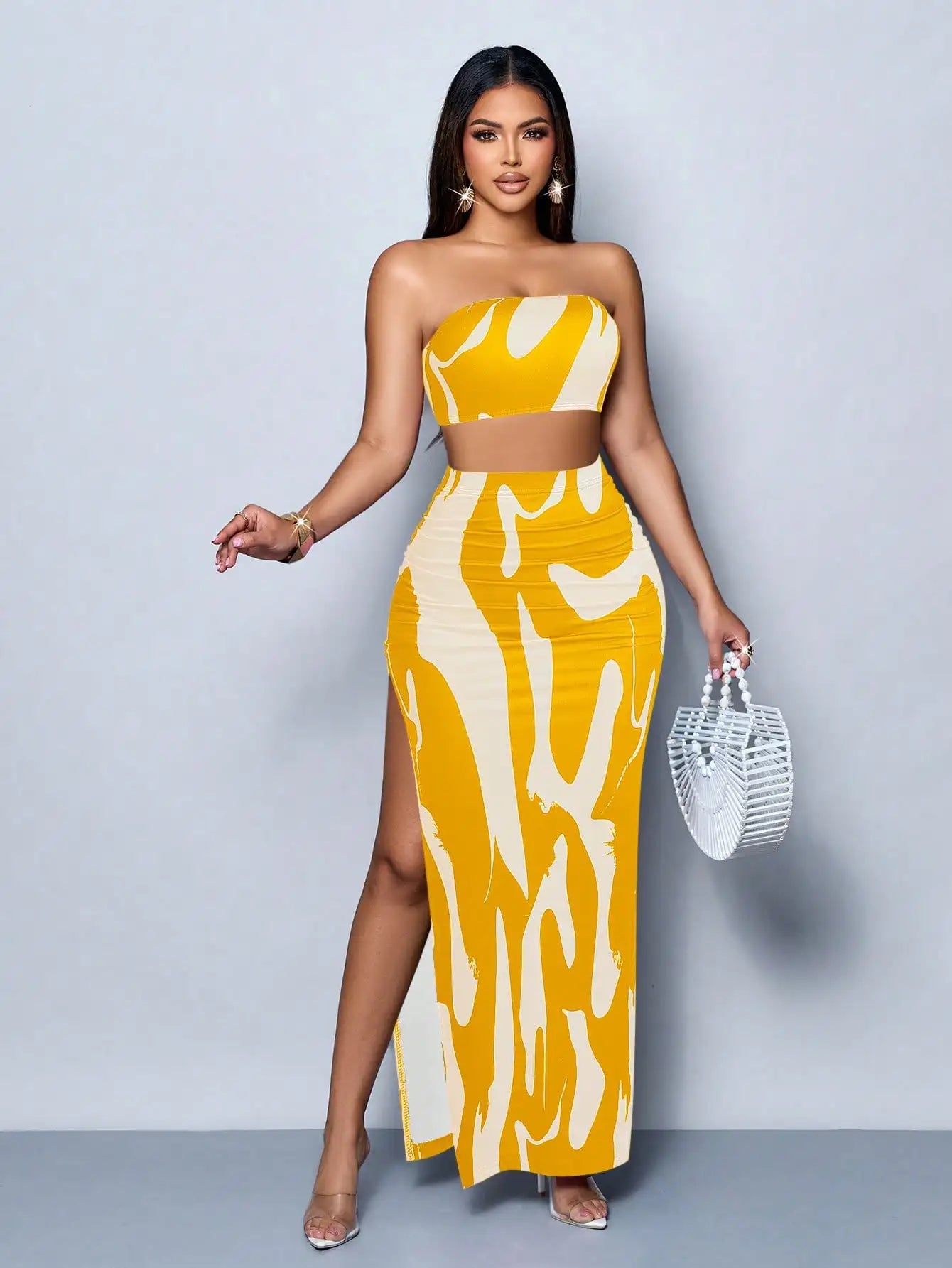 Abstract Print Strapless Two-Piece Set: Crop Top With High Slit Maxi Skirt