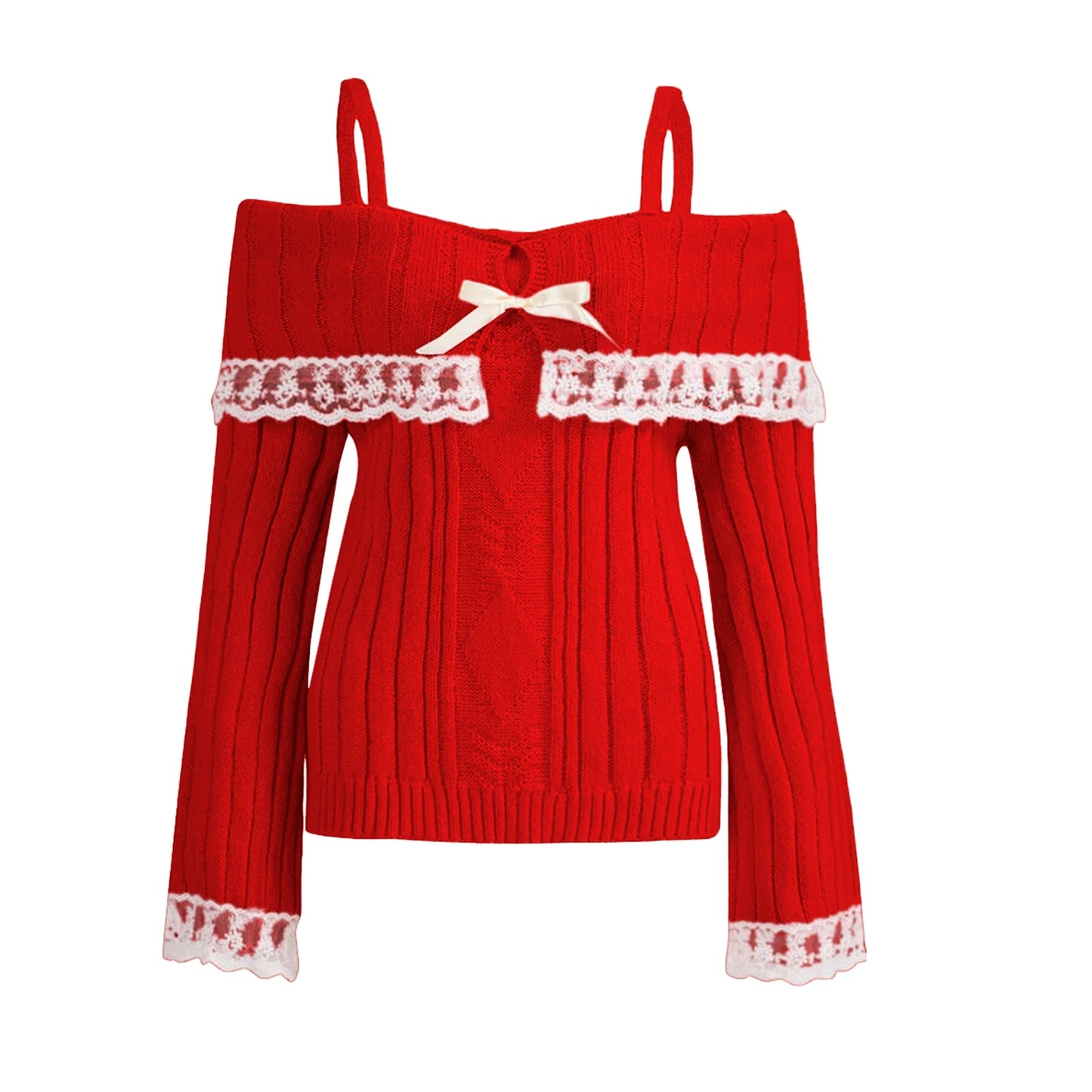 Women's Cold Shoulder Sweaters Long Sleeve Lace Trim Knit Pullovers Bow Front Jumpers Tops Fall Winter Y2K Clothes