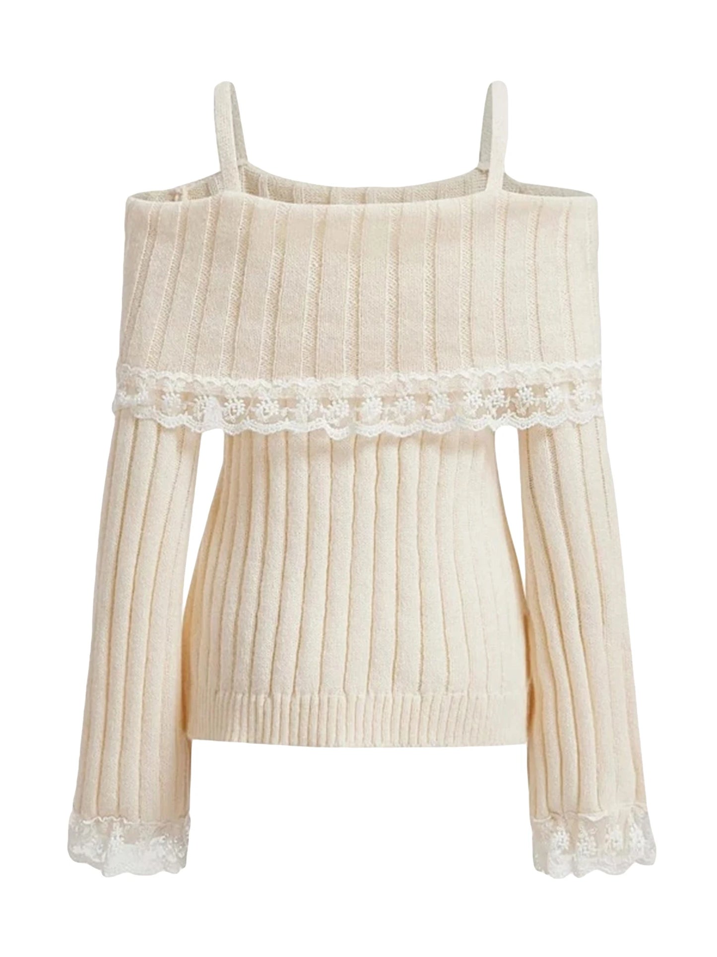 Women's Cold Shoulder Sweaters Long Sleeve Lace Trim Knit Pullovers Bow Front Jumpers Tops Fall Winter Y2K Clothes