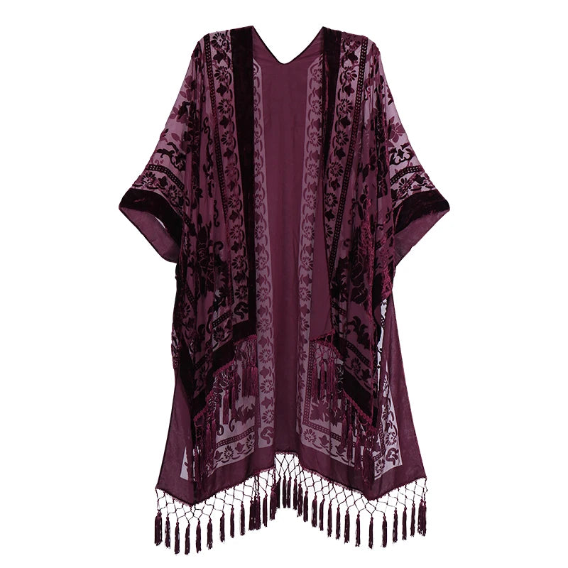 WeHello Women's Burnout Velvet Kimono Long Cardigan Cover Up with Tassel Burgundy Casual Cardigan Shawl Oversize Top