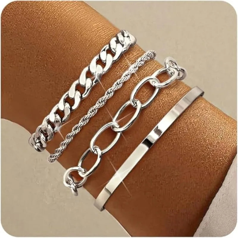 14K Gold plated Bracelets for Women Stack Layered Chunky Chain Bracelets Waterproof Link Cuff Bracelet Mothers' Day Jewelry Gift