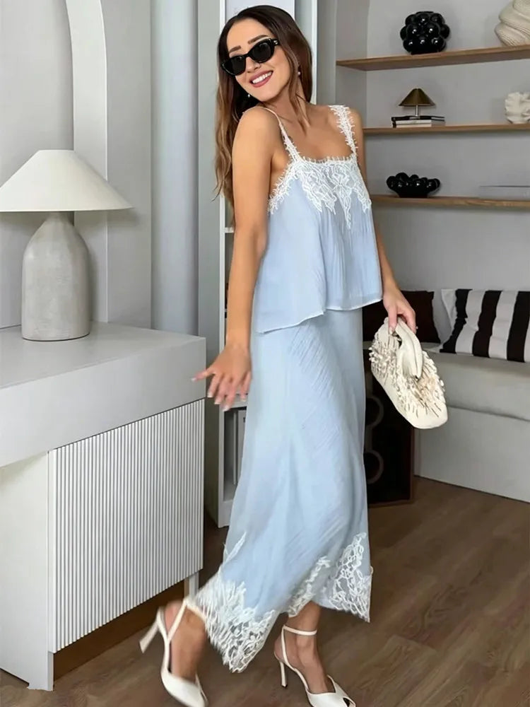 Women Lady Outfits Sexy Chic Skirt Suit Lace Cami Top Long Straight Skirt Women Fashion Spring Summer Beach Skirt 2 Piece Set