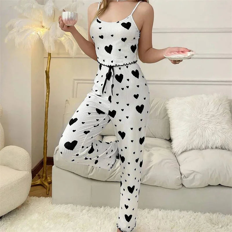 Autumn Winter Pajamas for Women Sleepwear Heart Print Sleeveless Cami Tops with Long Trouser 2 Pieces Set Loungewear