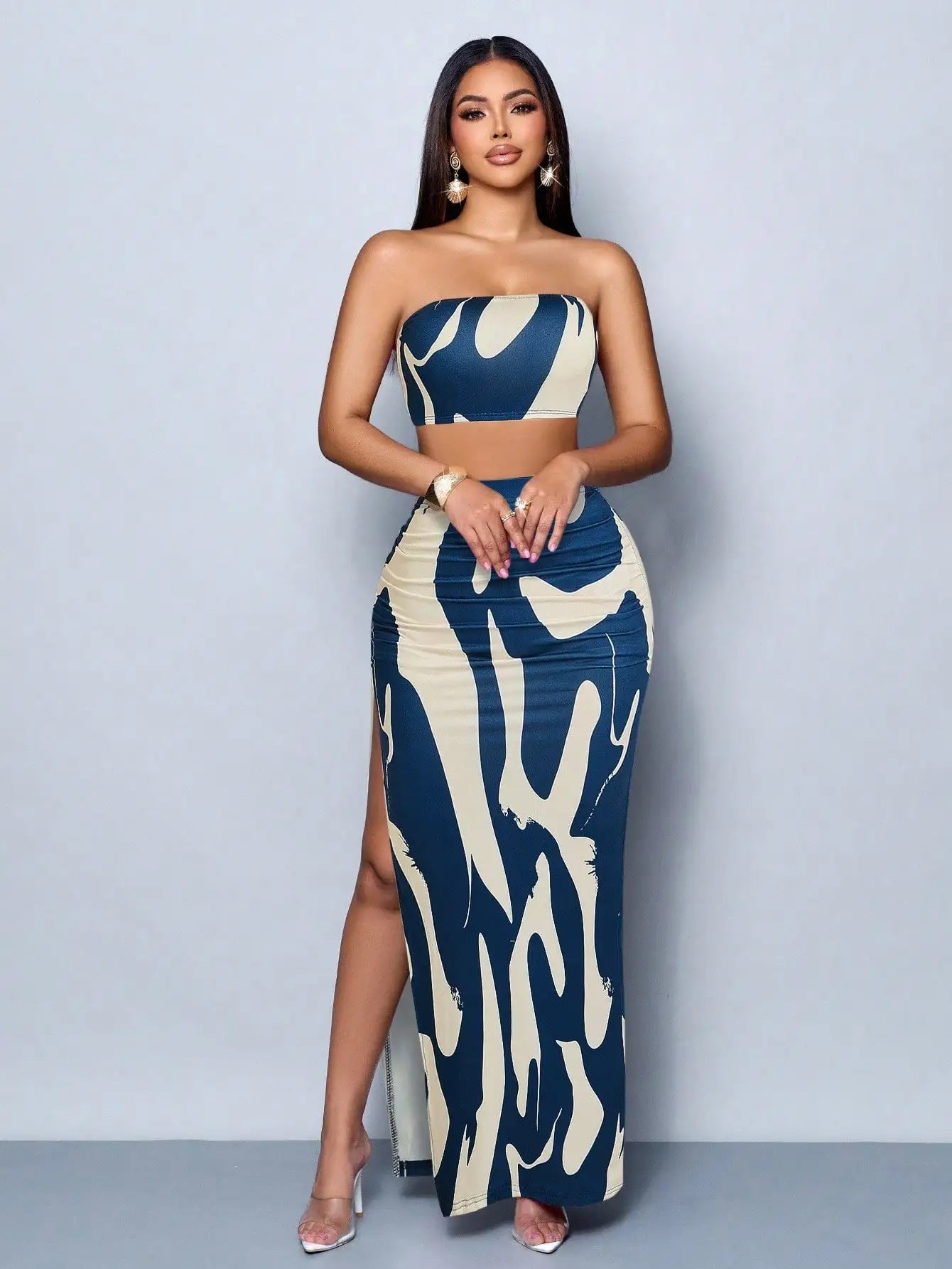 Abstract Print Strapless Two-Piece Set: Crop Top With High Slit Maxi Skirt