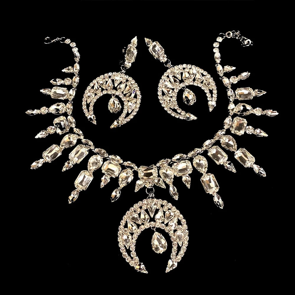 Crystal Moon Pendant Necklace Earrings Set
