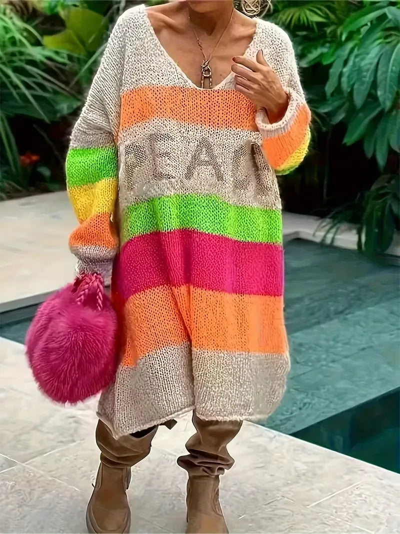 Women's Rainbow Striped V-Neck Sweater with Peace Letter Design - 3/4 Sleeve Loose Fit Casual Pullover for Autumn Winter