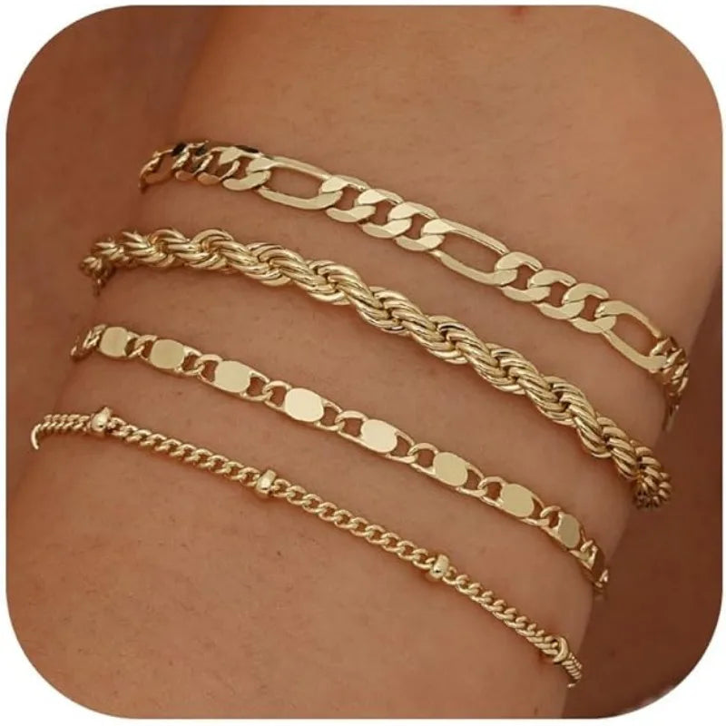 14K Gold plated Bracelets for Women Stack Layered Chunky Chain Bracelets Waterproof Link Cuff Bracelet Mothers' Day Jewelry Gift