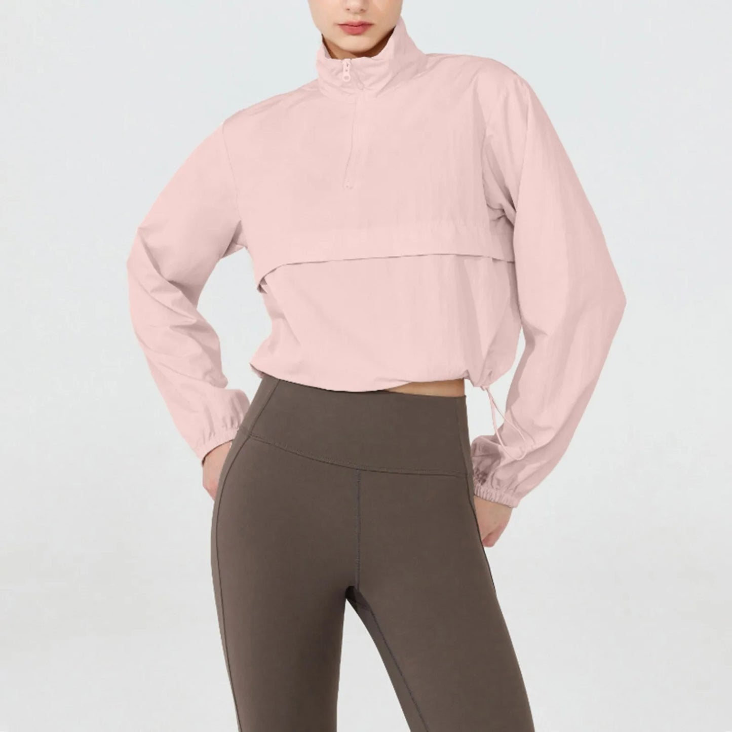 Women Autumn Windproof Waterproof Jacket Uv Resistant Fitness Running Sporty Jacket Stand Up Collar Drawstring Quick Drying Tops