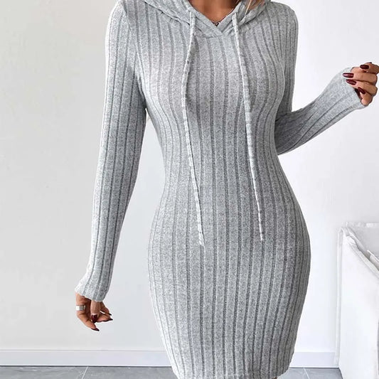 Trendy Ribbed Knitted Hooded Slim Fit Dress with Drawstring Comfortable Slim-Fit Long-Sleeve Versatile Casual Chic Women Dress