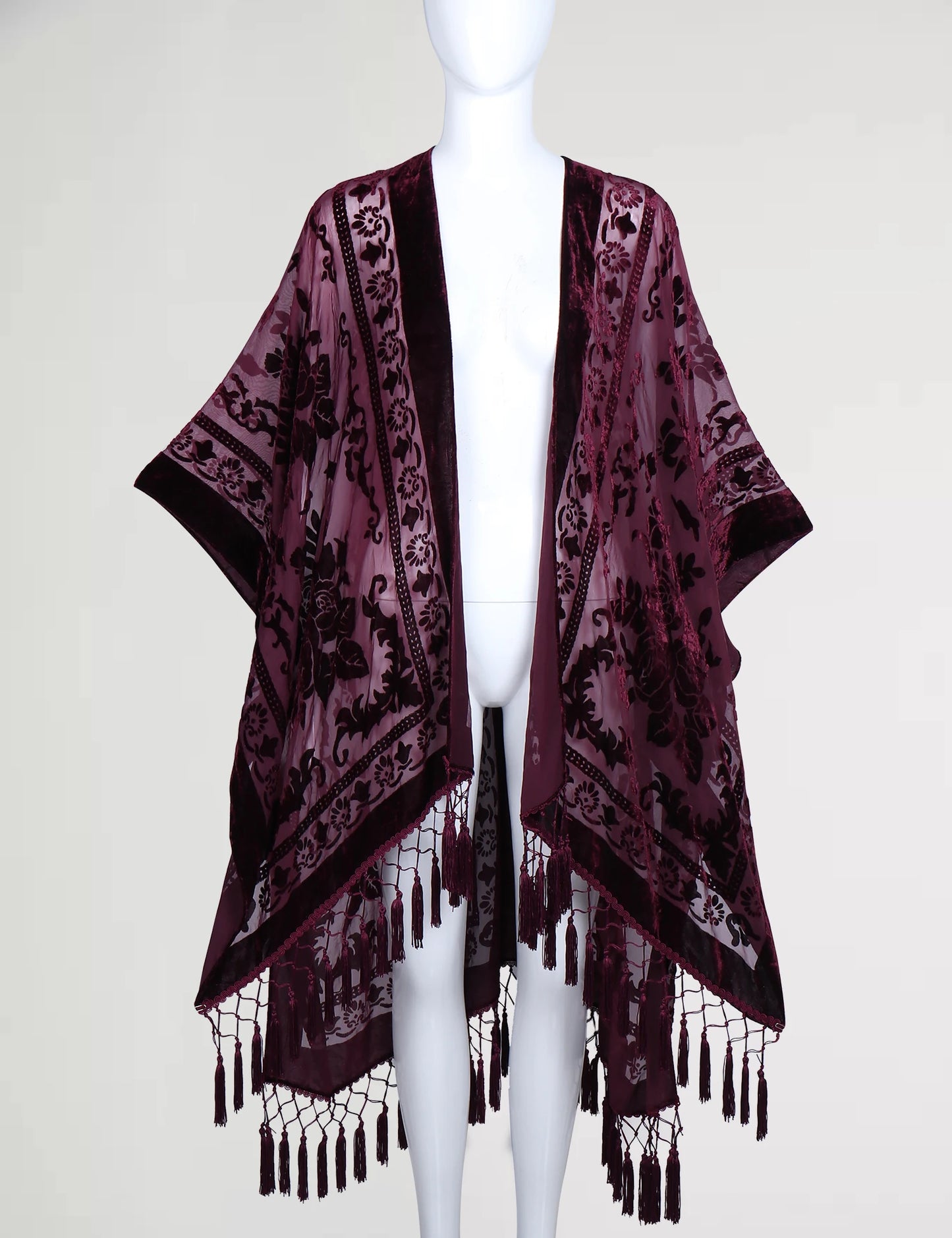 WeHello Women's Burnout Velvet Kimono Long Cardigan Cover Up with Tassel Burgundy Casual Cardigan Shawl Oversize Top