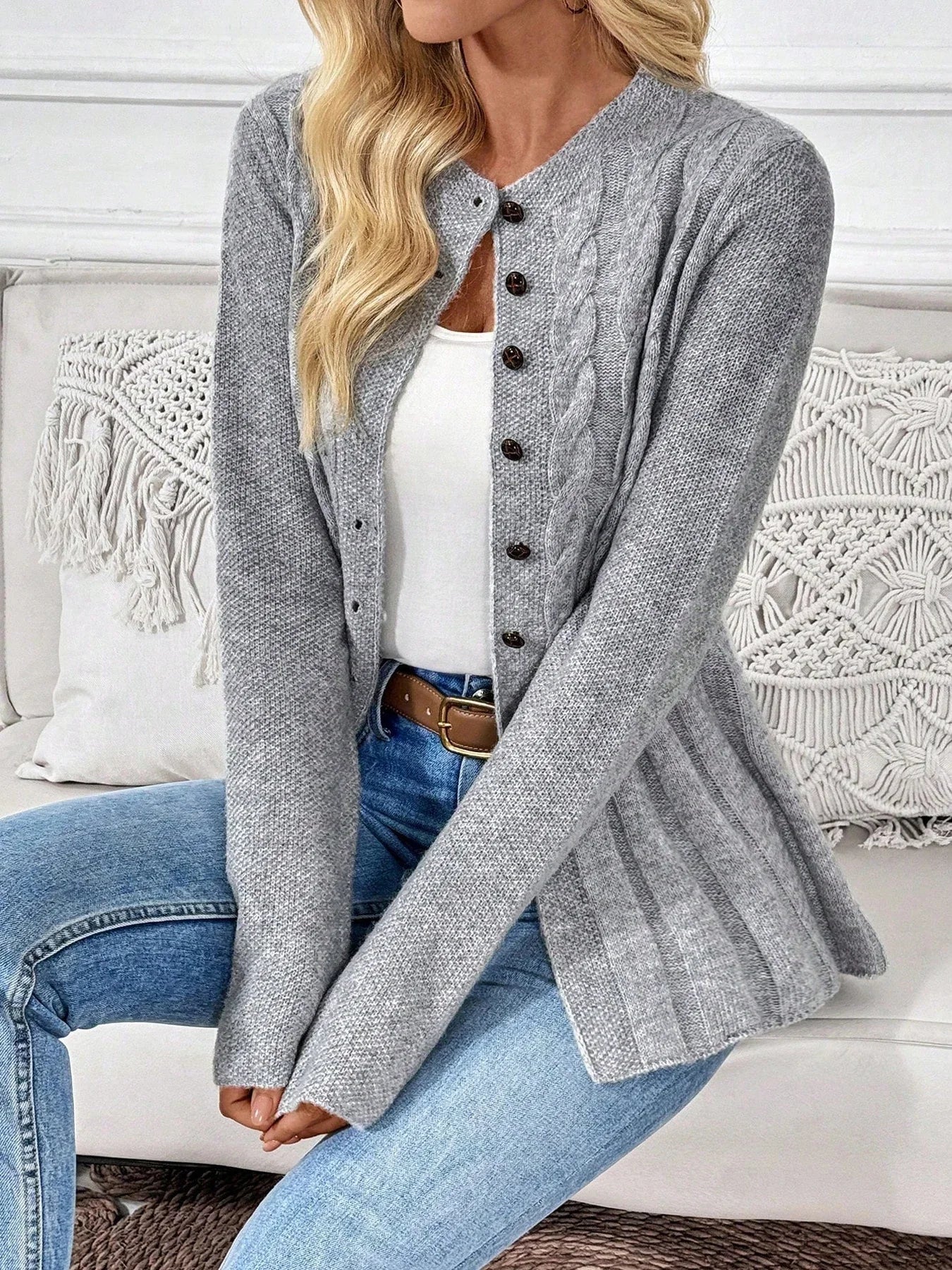 Women's simple solid color long sleeved cardigan knitted sweater for autumn and winter