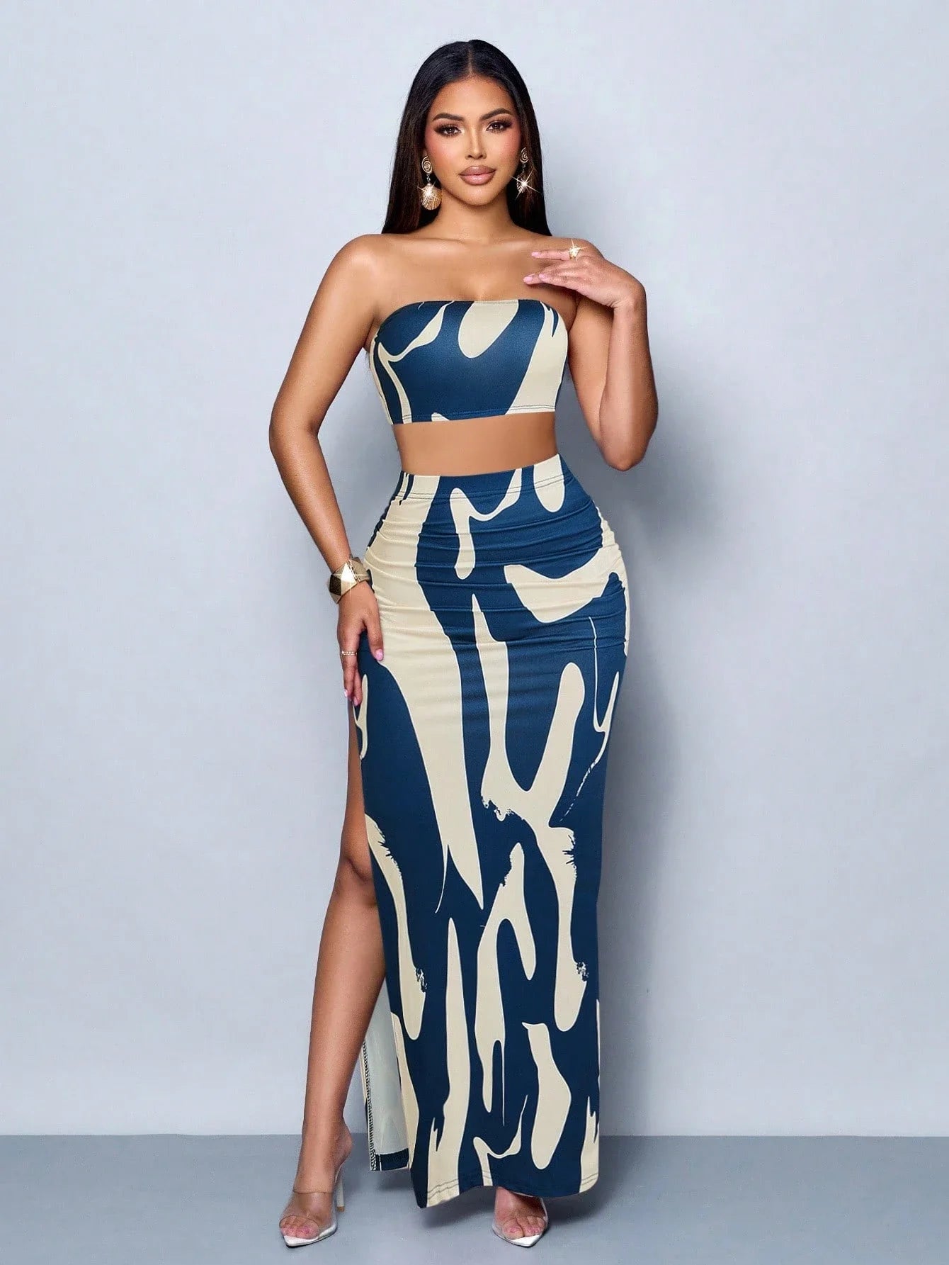 Abstract Print Strapless Two-Piece Set: Crop Top With High Slit Maxi Skirt