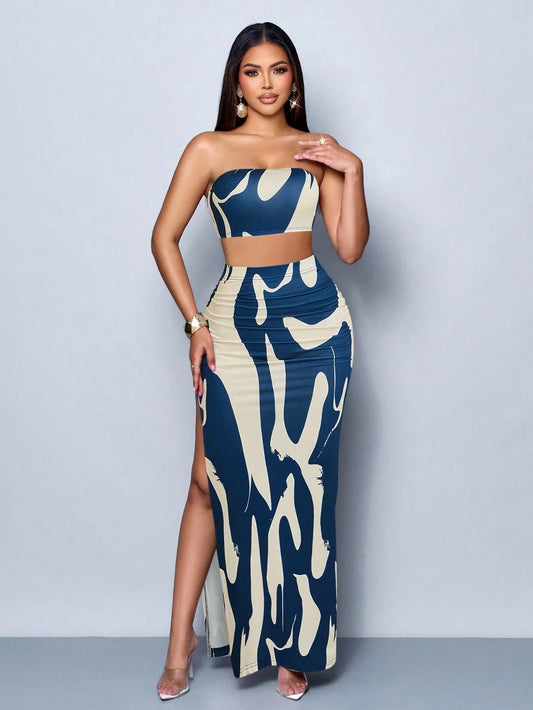 Abstract Print Strapless Two-Piece Set: Crop Top With High Slit Maxi Skirt